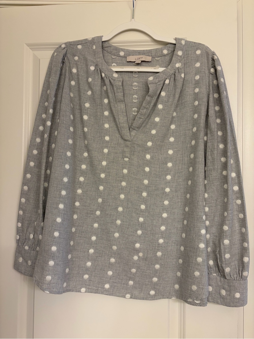 LOFT Light Gray and White Polka Dot Split-Neck Blouse